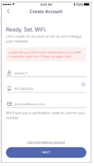 Create account - internet error on eero app